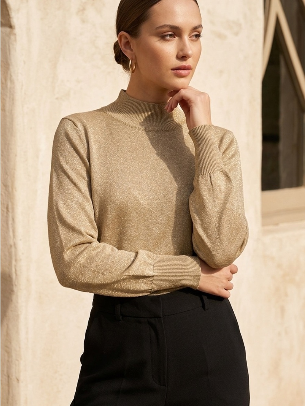 Vintage Bechamel Casual Gold Metallic Knit Sweater – 80s 90s Shimmer Mock Neck S